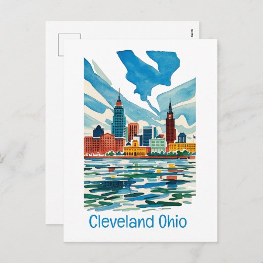 Cleveland Ohio Waterverf Skyline Feestdagenkaart (Voorkant / Achterkant)