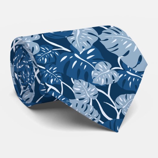 Cliff Hanger Hawaiian Monstera Leaf Indigo Blue Stropdas (Opgerold)