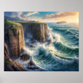 Cliffside Blue Ocean Waves Kustgolf Poster (Voorkant)