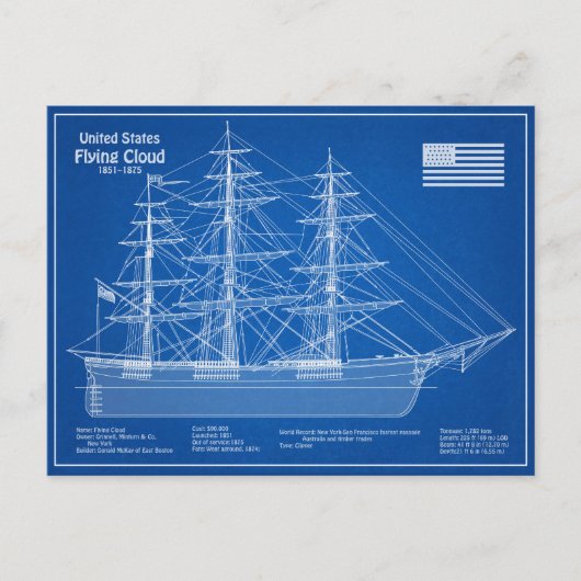 Clipper Ship Flying Cloud - Blauwdruk ABD Briefkaart (Voorkant)