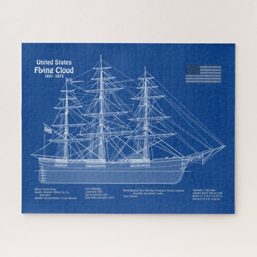 Clipper Ship Flying Cloud - Blauwdruk ABD Legpuzzel (Horizontaal)