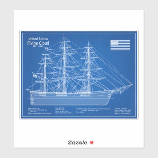 Clipper Ship Flying Cloud - Blauwdruk ABD Sticker (Vel)