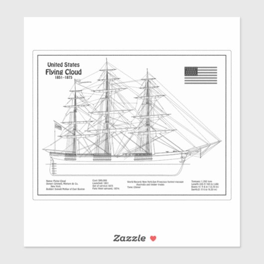 Clipper Ship Flying Cloud - Blauwdruk voor schepen Sticker (Vel)