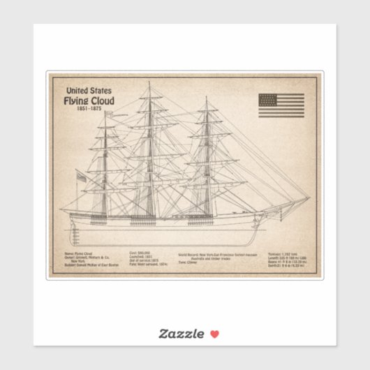 Clipper Ship Flying Cloud - Scheepsblauwdruk SD Sticker (Vel)