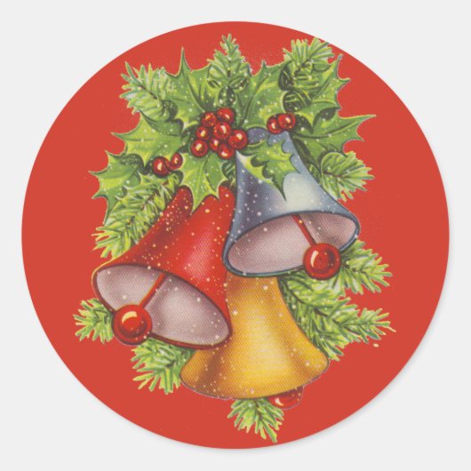 Cloches de Noël sur Sticker rond Classique Bleu (Devant)