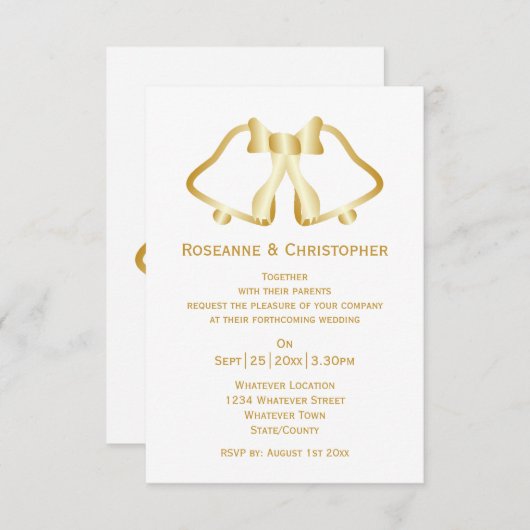 Cloches Faire-part de mariage Or Et Ruban (Devant / Derrière)