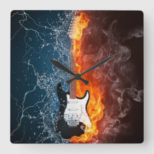 (CLOCK)FIRE & ICE GUITAR VIERKANTE KLOK