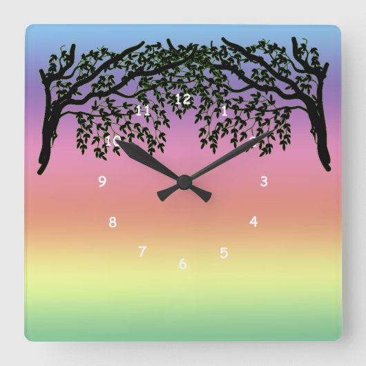 Clock - Weeping Branches and Rainbow Vierkante Klok (Voorkant)