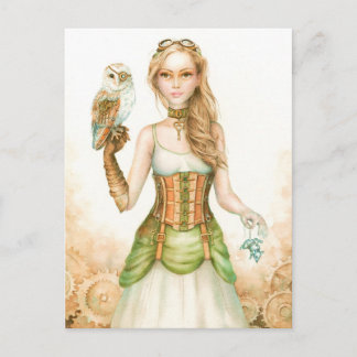 Clockwork, bijtend steampunk girl en uil briefkaart