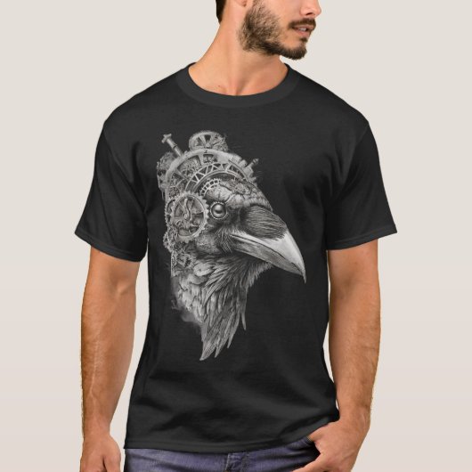 Clockwork Raven Portrait — Pen-and-Ink Steampunk  T-shirt (Voorkant)