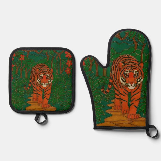 Cloisonne Art Tiger on the Jungle Path Ovenwant & Pannenlap Set (Voorkant)