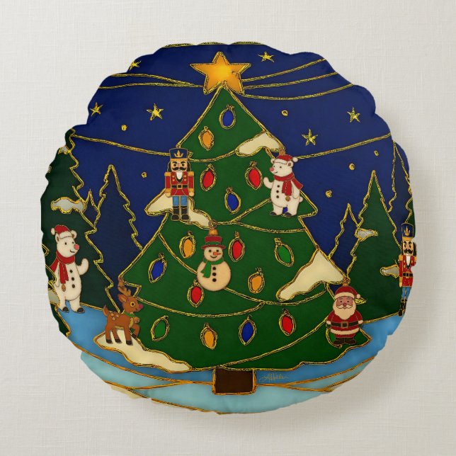 Cloisonne Art Whimsical Forest Classic Christmas  Rond Kussen (Voorkant)