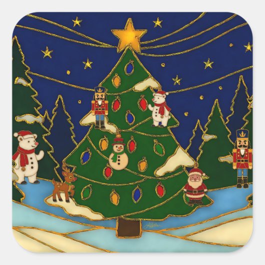Cloisonne Art Whimsical Forest Classic Christmas Vierkante Sticker (Voorkant)