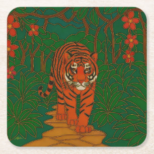 Cloisonne Kunst Tijger op het Jungle Pad Vierkante Kartonnen Onderzetter