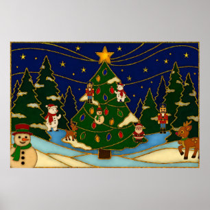 Cloisonne Kunst Whimsical Bos Klassiek Kerstmis  Poster