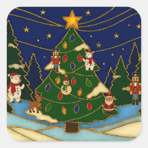 Cloisonne Kunst Whimsical Bos Klassiek Kerstmis Vierkante Sticker