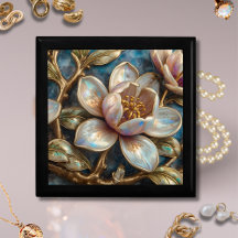 Cloisonné Magnolia Floral Iridescent Blue Gold 