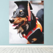 Close Up Of Dachshund Dog Wearing Graduation Hat P Canvas Afdruk (Insitu (Houten vloer))