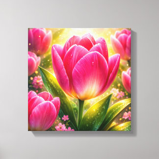 Close-up of Pink Tulips with Dew and Sunlight Glow Canvas Afdruk