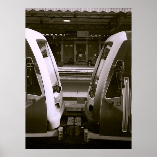 Close-up van twee treinen op het perron van het st poster (Voorkant)