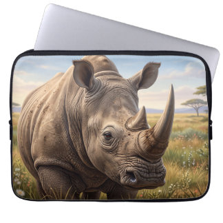 Close-up Wilde Neushoorn Portret In Savanne Foto V Laptop Sleeve