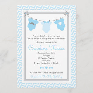 Clothesline Baby shower Uitnodiging blauw en grijs