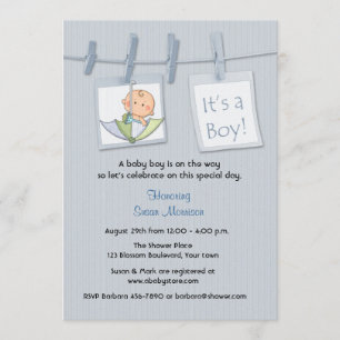 Clothesline, Blue, Baby Boy Shower Kaart