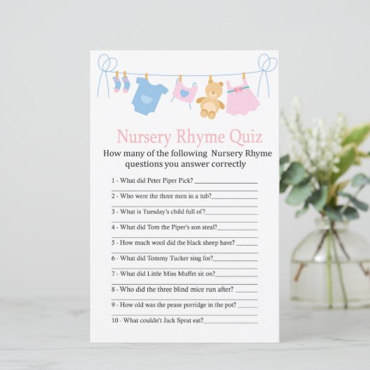 Clothesline Nursery Rhyme Quiz baby shower game (Staand voorkant)