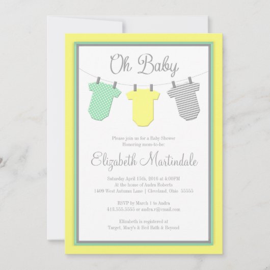 Clothesline Yellow & Aqua Baby shower Invitation Kaart (Voorkant)