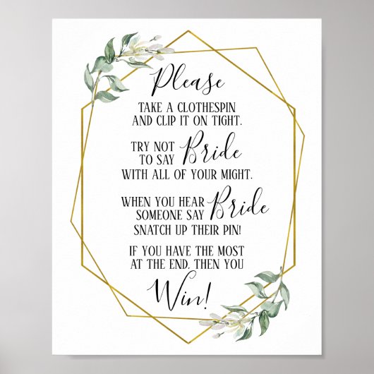 Clothespin vrijgezellenfeest greenery gold game si poster (Voorkant)