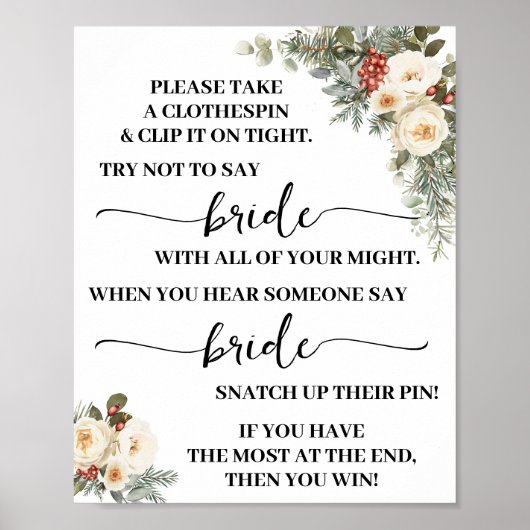 Clothespin Winter White Floral Bridal Shower Game Poster (Voorkant)