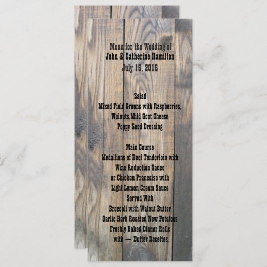 Clôture en bois rustique Mariage mince Menu Table (Devant / Derrière)