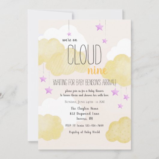 Cloud 9 Baby shower Uitnodiging in goud (Voorkant)