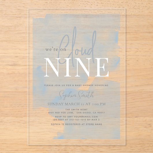 Cloud 9 Gold Stars Blue Boy Baby shower Acryl Uitnodigingen (Voorkant)