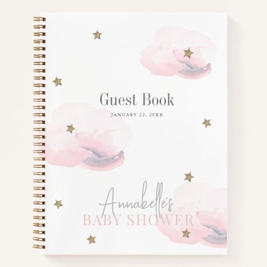 Cloud 9 Gold Stars Roze Gir Baby shower Gastenboek Notitieboek (Voorkant)