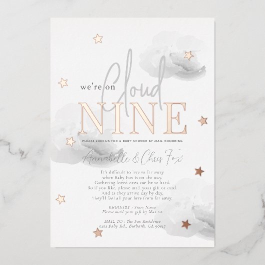Cloud 9 Grey Clouds Waterverf Baby shower per Mail Folie Uitnodiging (Voorkant)