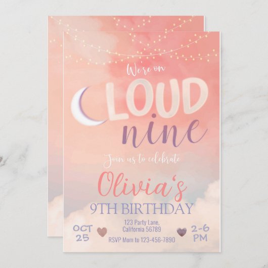 Cloud 9 Verjaardag Uitnodiging 9e Verjaardag Uitno (Voorkant / Achterkant)