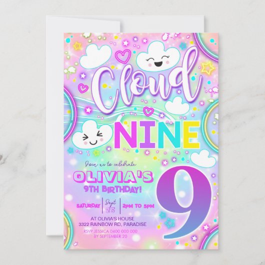 Cloud 9 verjaardagsuitnodiging Rainbow Neon Kaart (Voorkant)