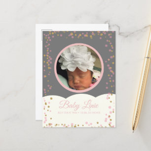 Cloud Confetti Dot Border Baby Gray Pink Aankondigingskaart