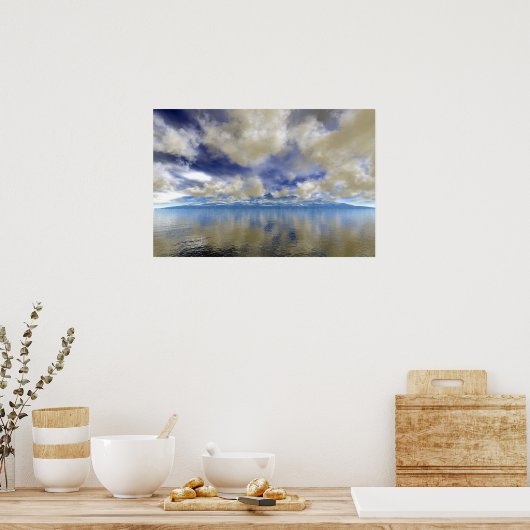 Cloud Covered Distant Ocean Mountains Poster (Keuken)