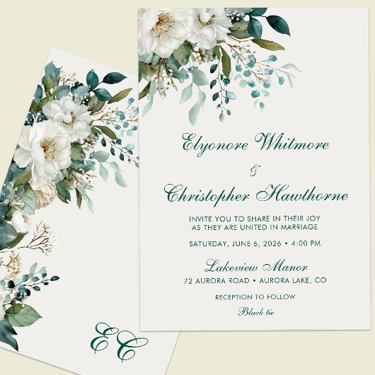 Cloud Dancer Forest Teal Script Floral Wedding Kaart