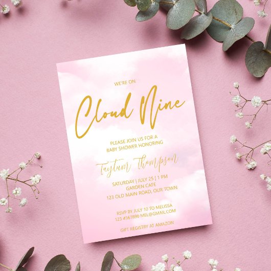 Cloud negen roze en gouden baby shower kaart