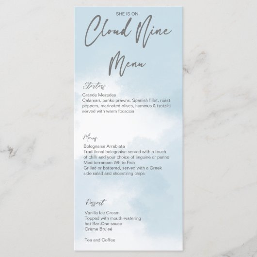Cloud negen vrijgezellenfeest sjabloon menu (Voorkant)