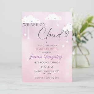Cloud Nine 9 Meisje Roze Baby shower Invitation Kaart