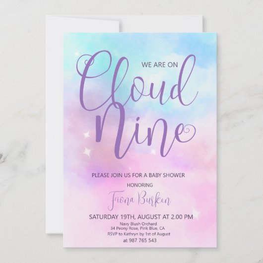 Cloud Nine Invitation Baby shower fille. (Devant)