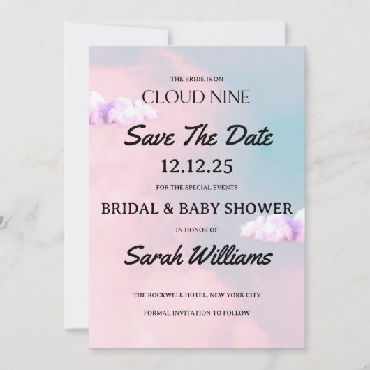 Cloud Nine Kleurrijke Pastel Bruids en Baby shower Save The Date (Voorkant)