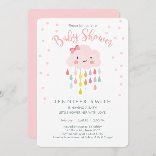 Cloud Raindrops Invitation Baby shower fille rose (Devant / Derrière)