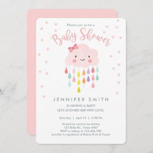 Cloud Raindrops Roze Meisje Baby shower Invitation Kaart