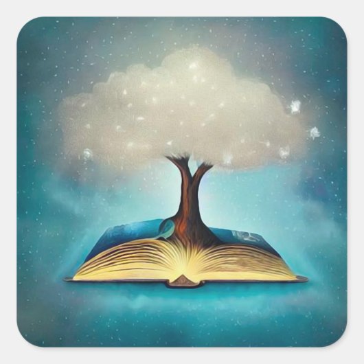 Cloud Tree & Open Book Vierkante Sticker (Voorkant)