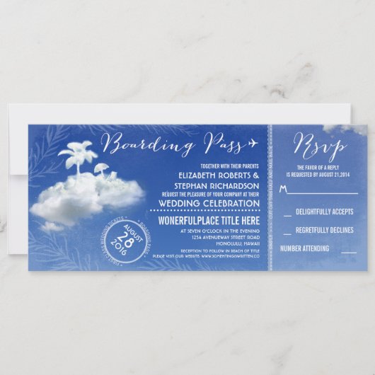 Clouds Beach Boarding Pass Wedding Tickets Uitnodi Kaart (Voorkant)
